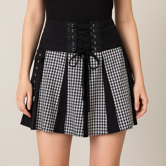 Tripp NYC Black Gingham Corset Lace-Up Pleated Punk Mini Skirt Goth Emo Size 2X - Picture 1 of 8